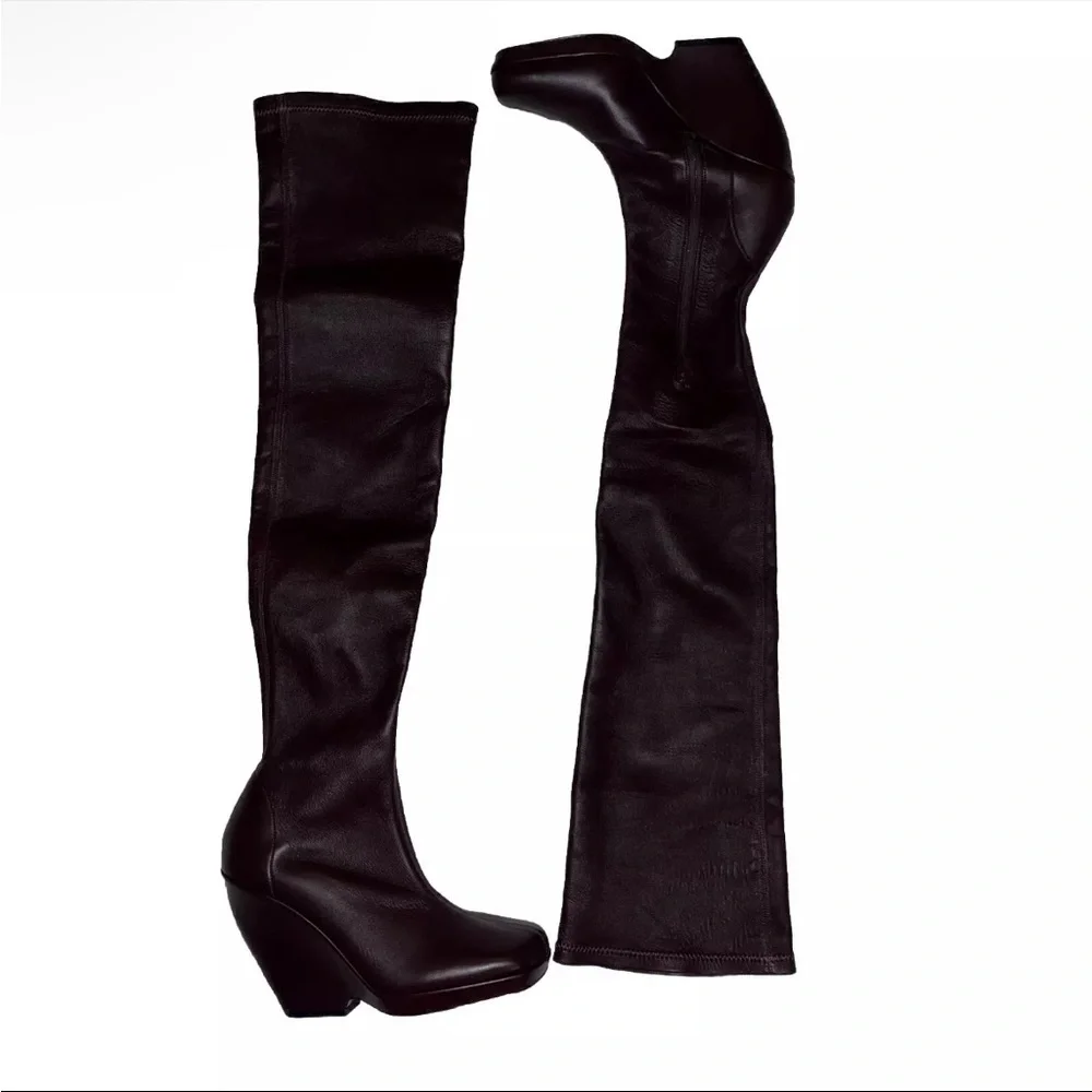 Khaite Red Over Knee Boots Leather Burgundy OTK 7.5 Stretch Wedge Heel NIB 🟡
